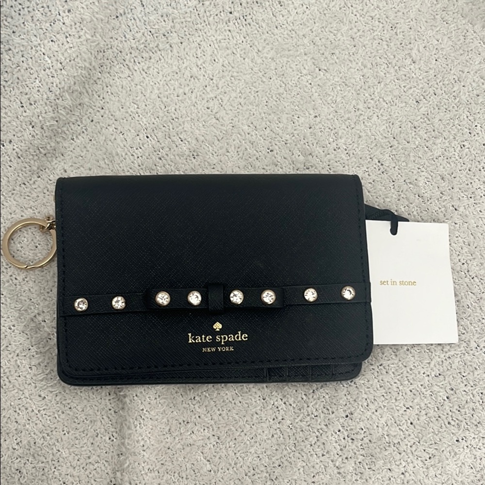 Kate Spade Regina Laurel Way Jeweled Black Wallet with Gold & Stone Details NWT